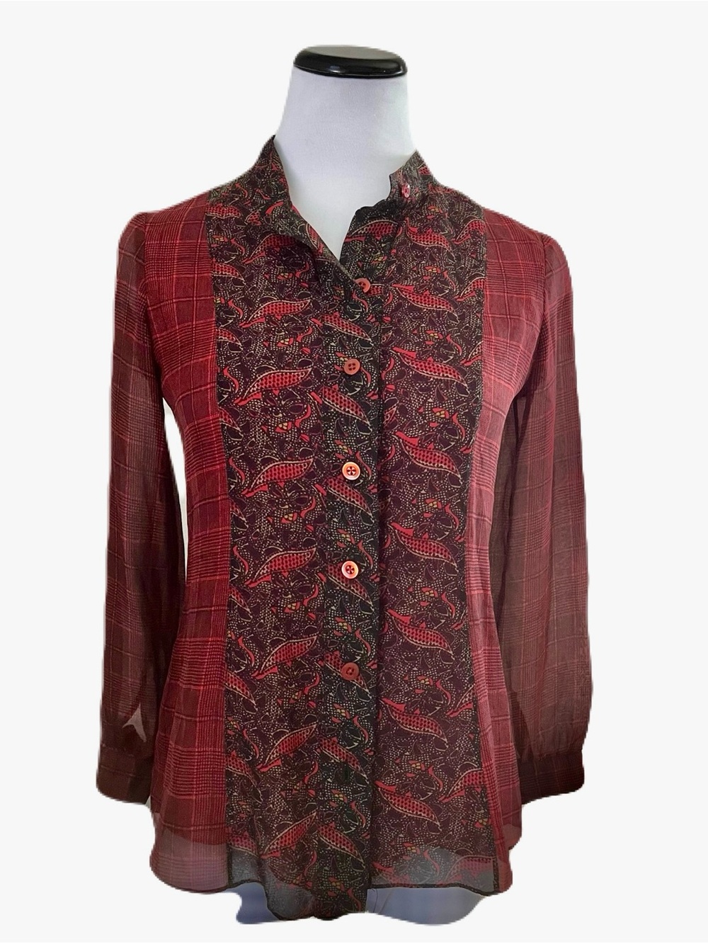 Hanley Red Silk Plaid and Paisley  Patterned Button-Front Blouse Size Small